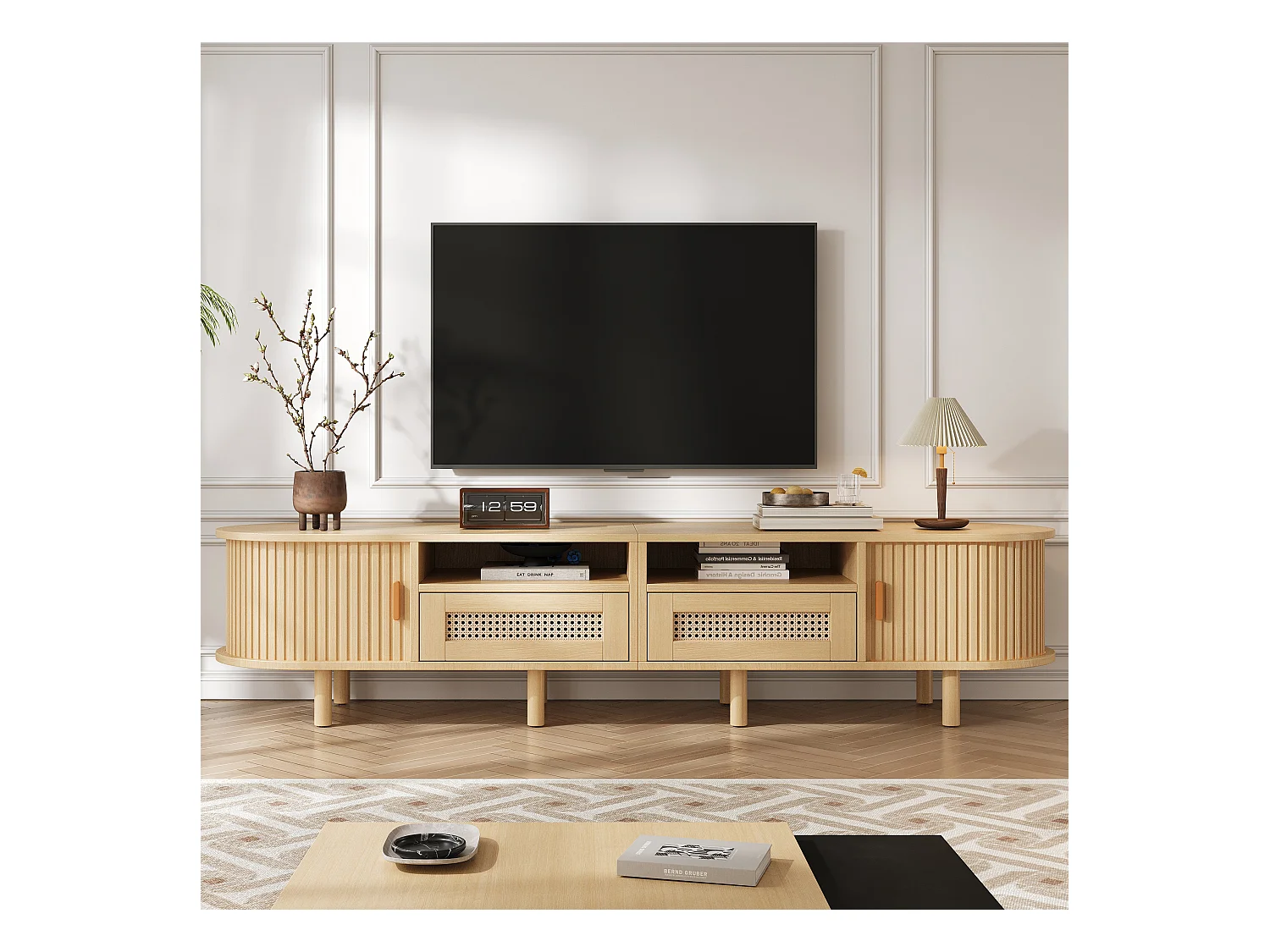 Meuble TV ovale avec 2 tiroirs en rotin + 2 portes coulissantes - 170 x 40 x 40 cm - MDF + métal - naturel