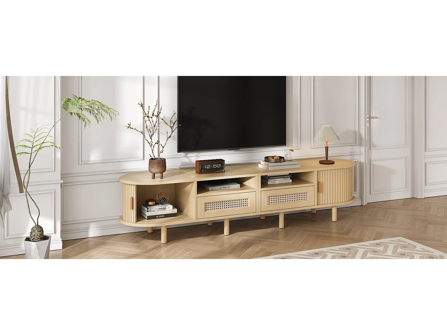Ovale tv-kast met 2 rotan lades + 2 schuifdeuren - 170 x 40 x 40 cm - MDF + metaal - naturel