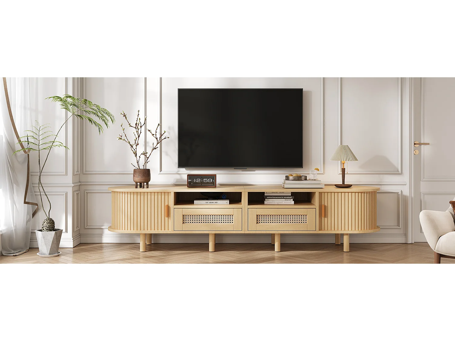 Ovale tv-kast met 2 rotan lades + 2 schuifdeuren - 170 x 40 x 40 cm - MDF + metaal - naturel