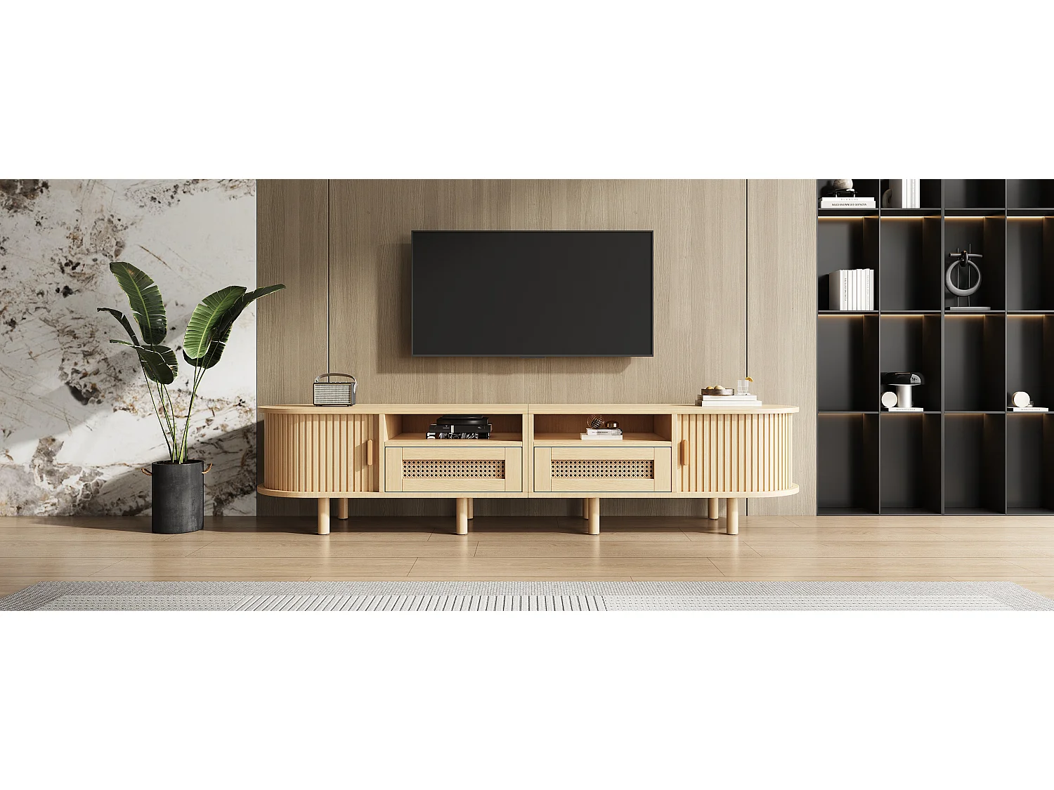 Ovale tv-kast met 2 rotan lades + 2 schuifdeuren - 170 x 40 x 40 cm - MDF + metaal - naturel