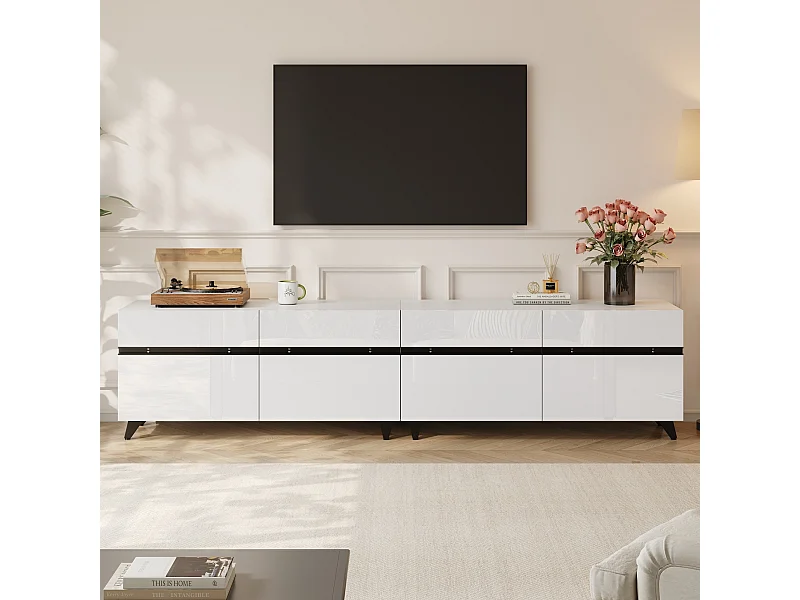 Meuble TV brillante 180 x 40 x 49 cm - avec 4 armoires et séparateurs réglables - pour TV 80 pouces - MDF - blanc