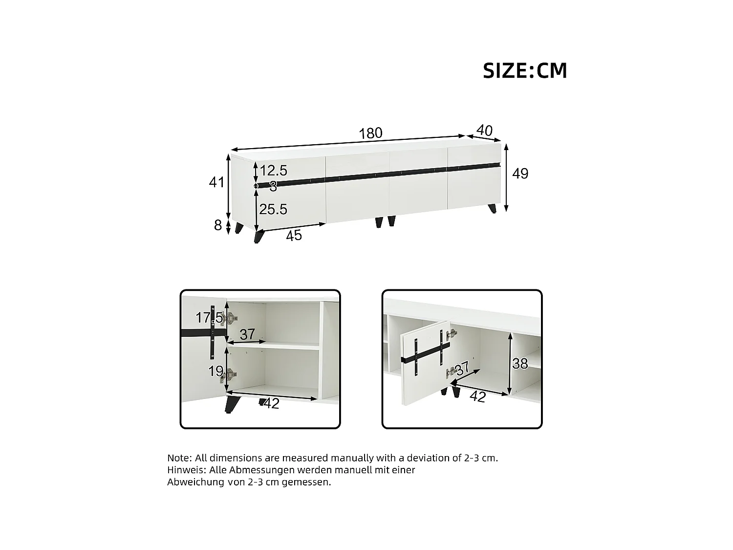 Meuble TV brillante 180 x 40 x 49 cm - avec 4 armoires et séparateurs réglables - pour TV 80 pouces - MDF - blanc