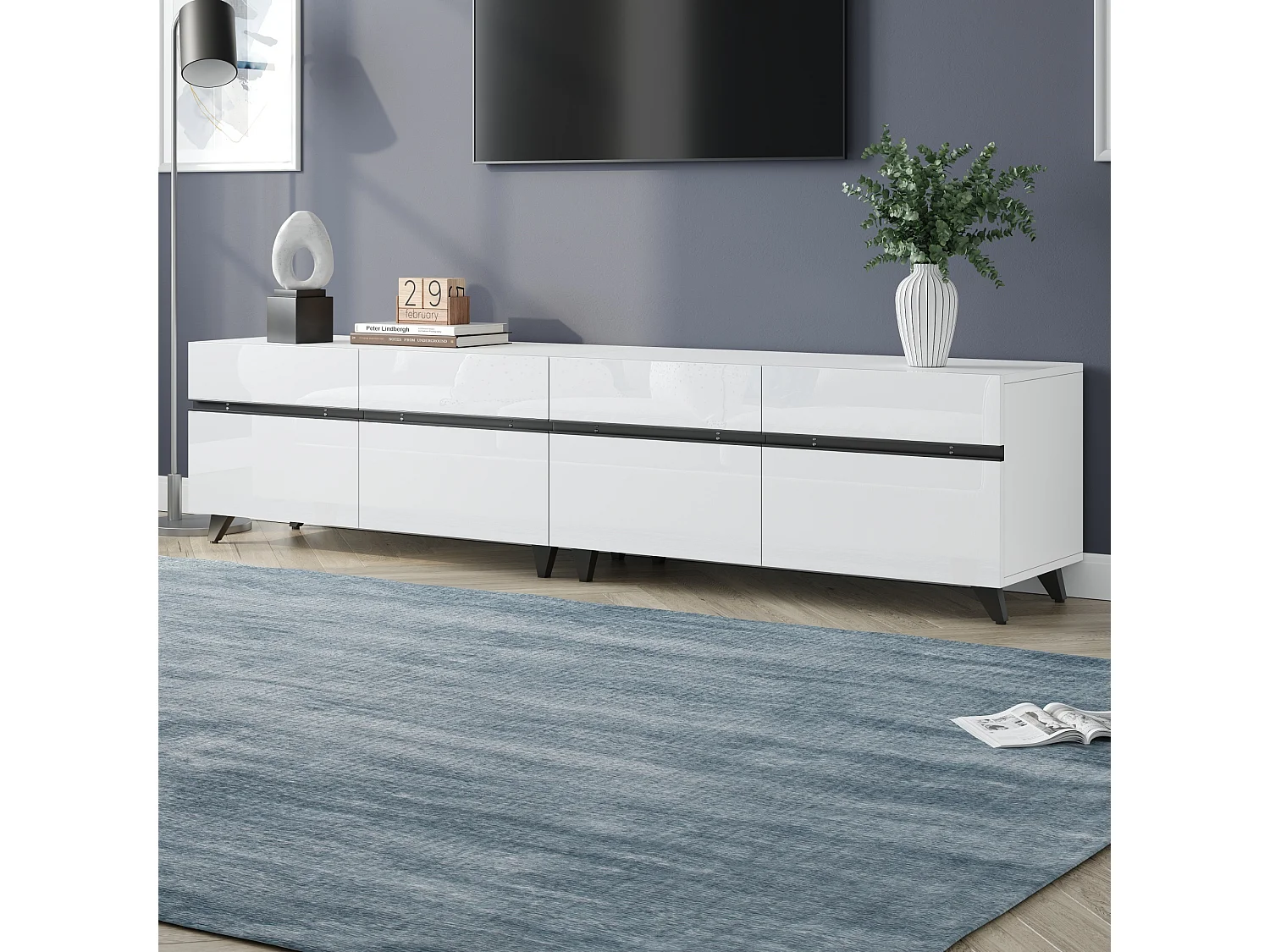 Meuble TV brillante 180 x 40 x 49 cm - avec 4 armoires et séparateurs réglables - pour TV 80 pouces - MDF - blanc