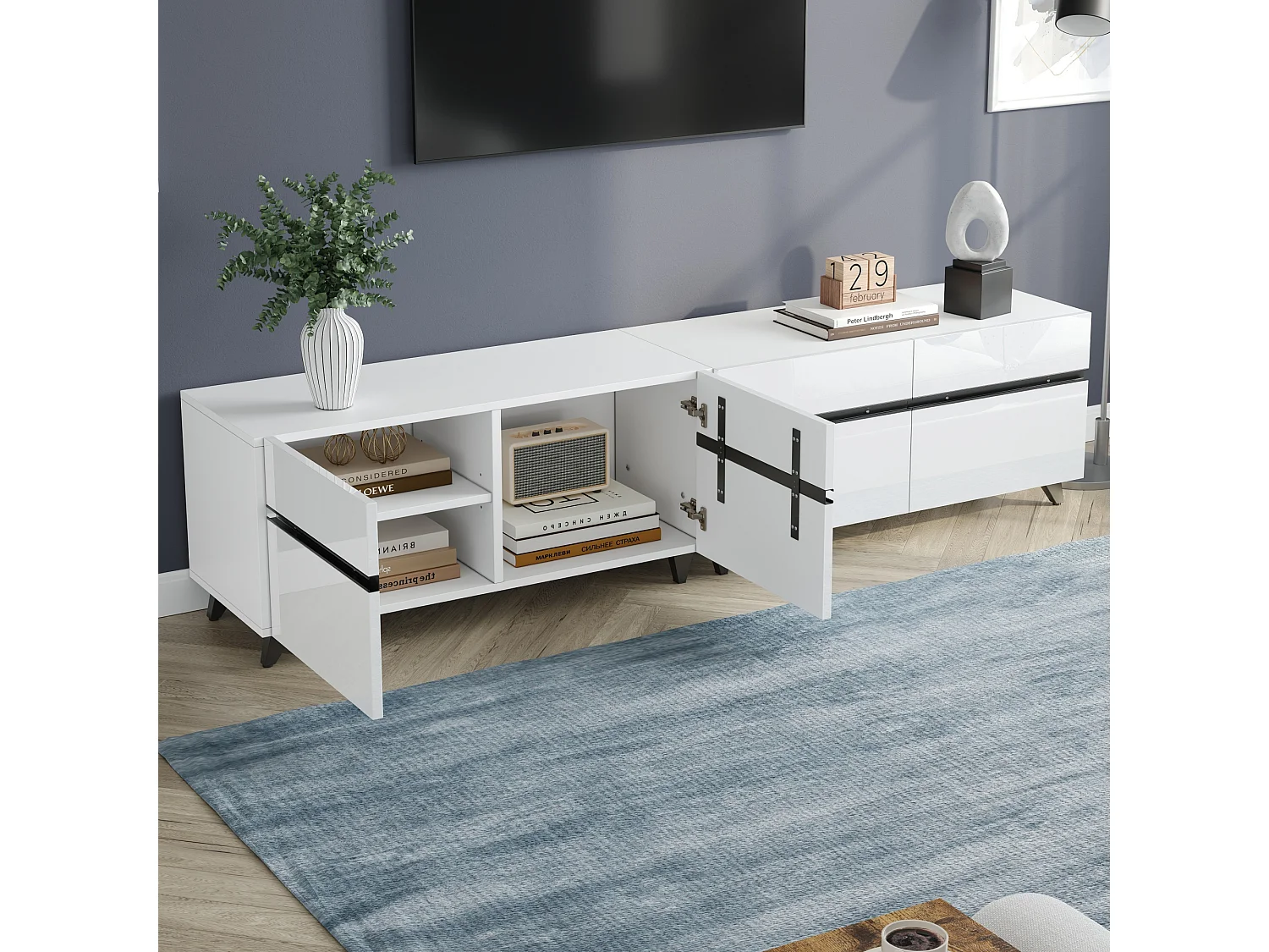 Meuble TV brillante 180 x 40 x 49 cm - avec 4 armoires et séparateurs réglables - pour TV 80 pouces - MDF - blanc