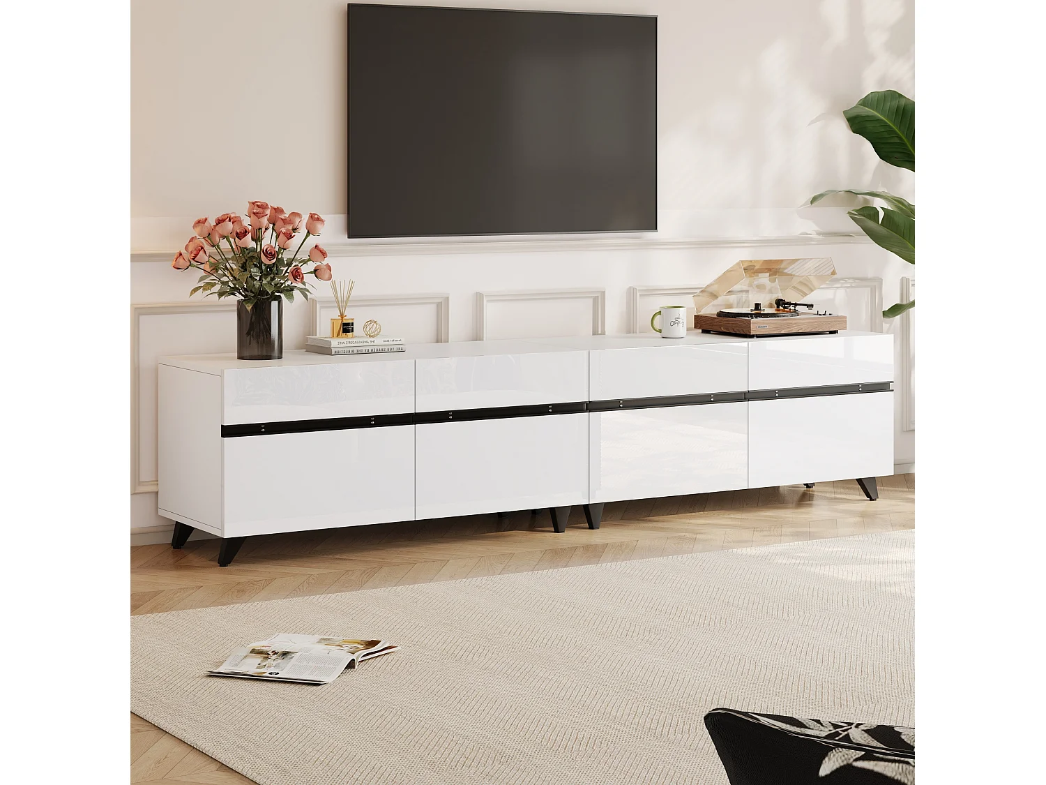 Meuble TV brillante 180 x 40 x 49 cm - avec 4 armoires et séparateurs réglables - pour TV 80 pouces - MDF - blanc