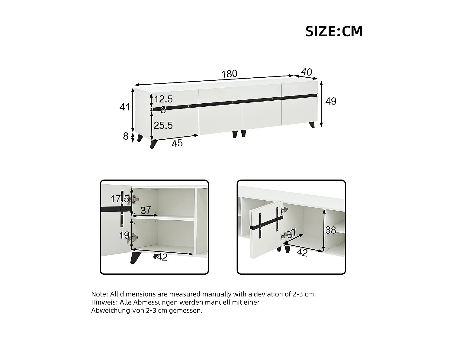 Meuble TV brillante 180 x 40 x 49 cm - avec 4 armoires et séparateurs réglables - pour TV 80 pouces - MDF - blanc
