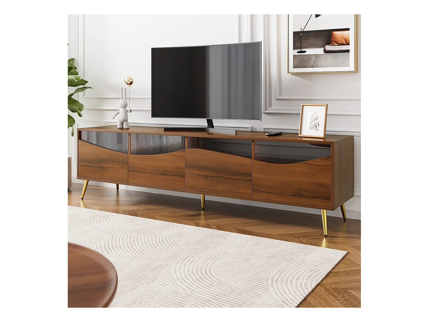 Moderner TV-Schrank 180 x 40 x 50 cm mit LEDs – goldene Metallbeine – Glasfront und 4 Schubladen – MDF – Natur