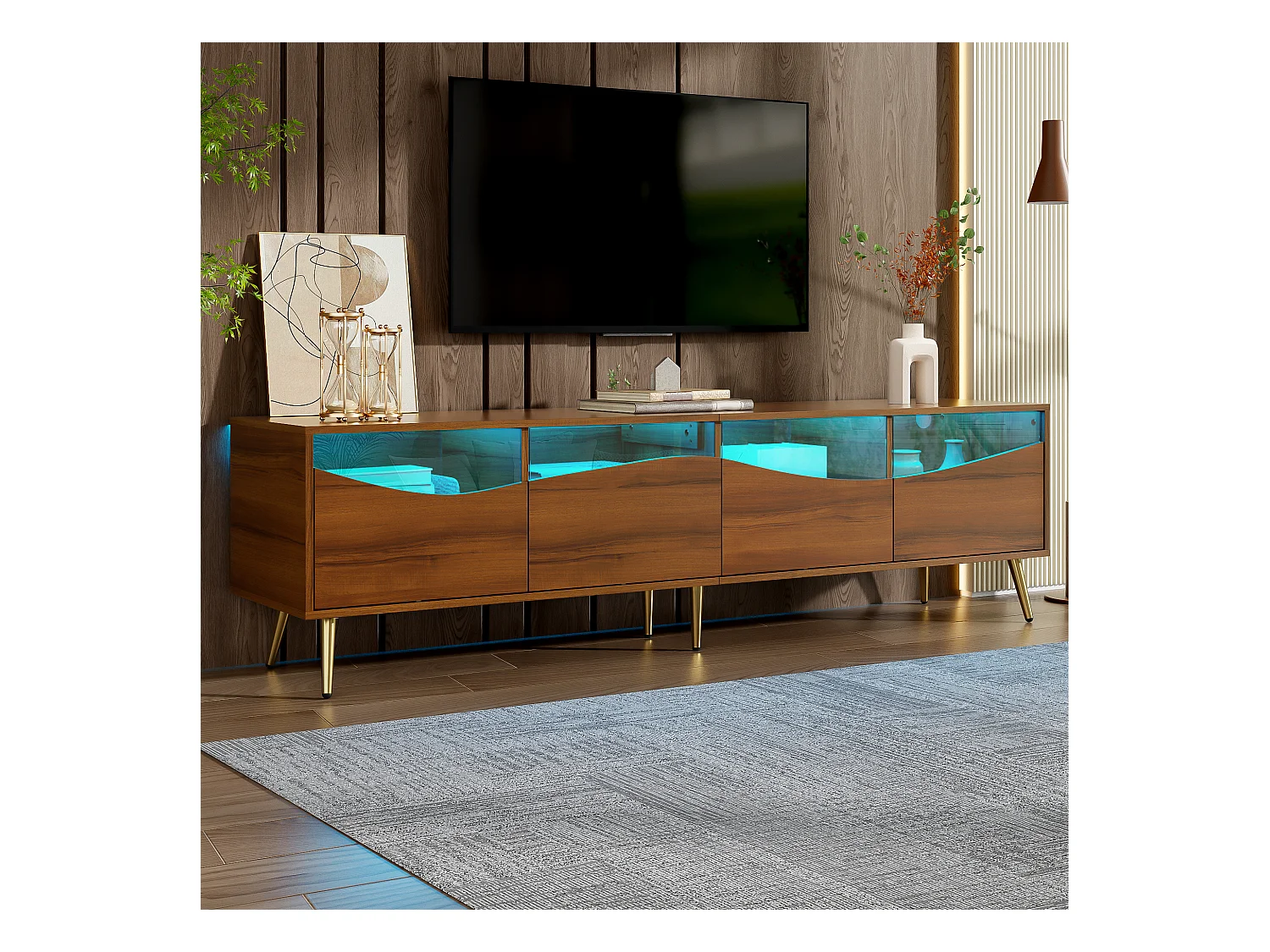 Moderner TV-Schrank 180 x 40 x 50 cm mit LEDs – goldene Metallbeine – Glasfront und 4 Schubladen – MDF – Natur