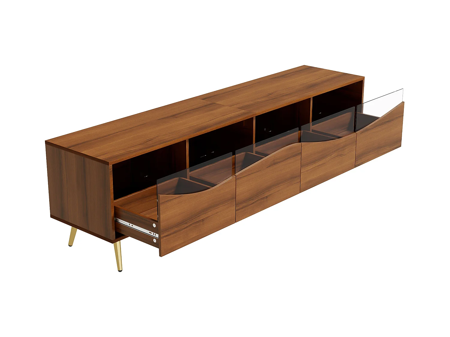 Moderner TV-Schrank 180 x 40 x 50 cm mit LEDs – goldene Metallbeine – Glasfront und 4 Schubladen – MDF – Natur