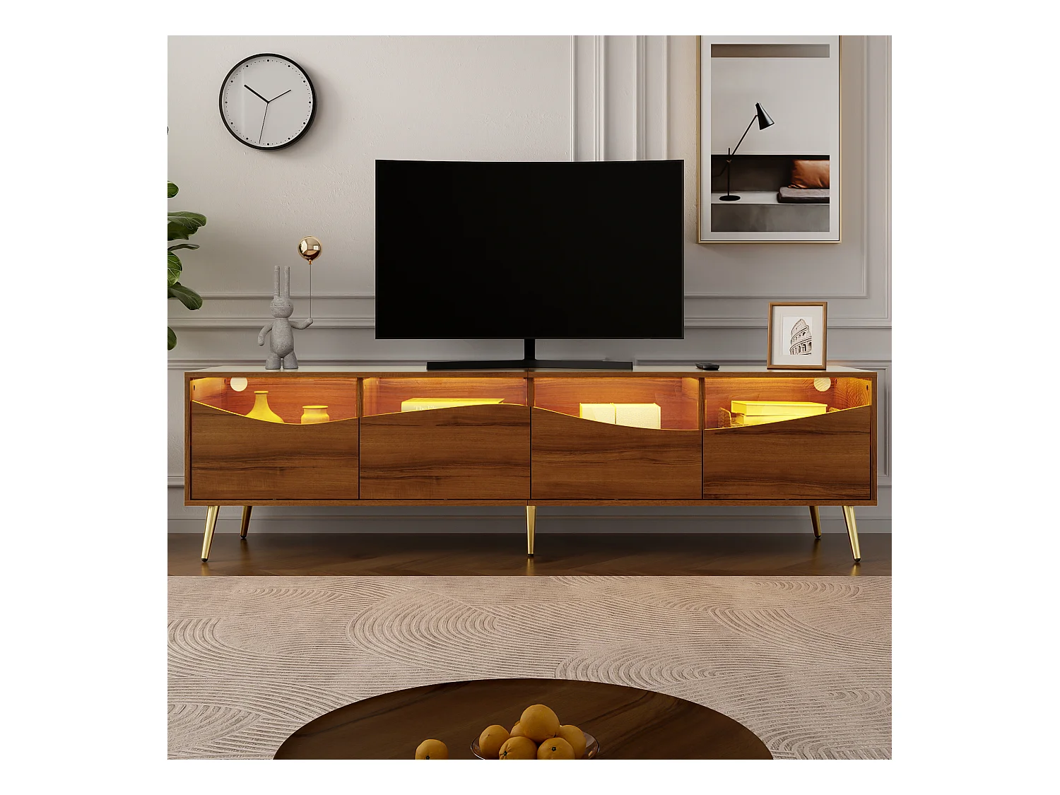 Meuble TV moderne 180 x 40 x 50 cm avec Leds - pieds en métal doré - façade en verre et 4 tiroirs - MDF - naturel
