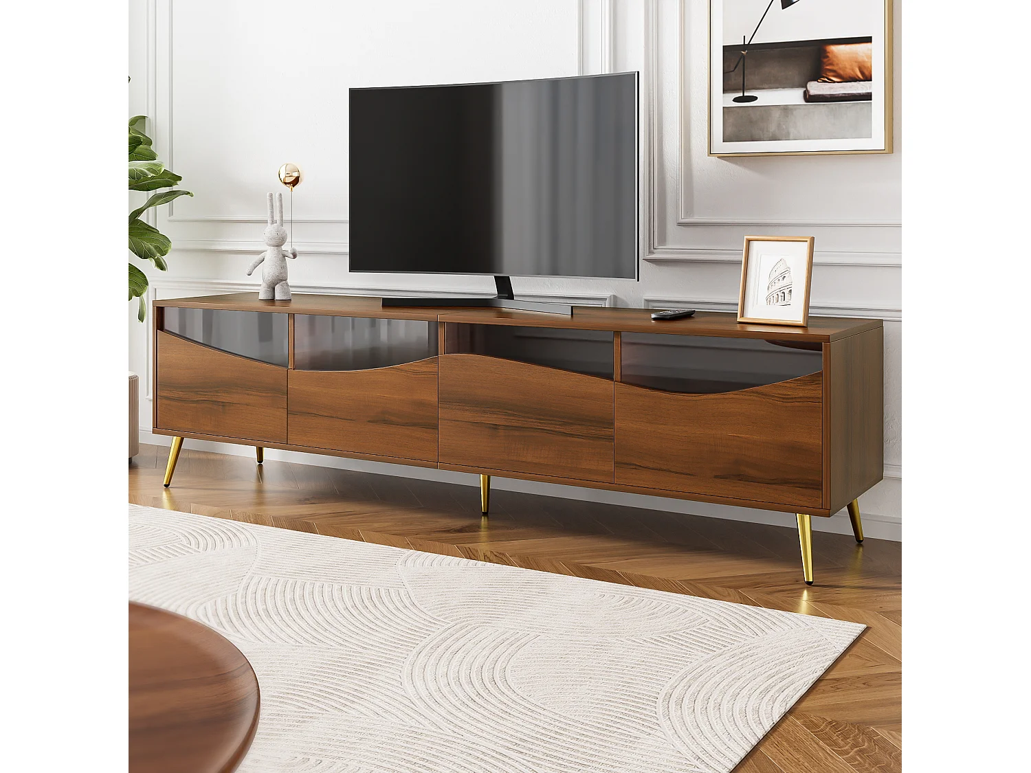 Mobile TV moderno 180 x 40 x 50 cm con LED - gambe in metallo dorato - frontale in vetro e 4 cassetti - MDF - naturale