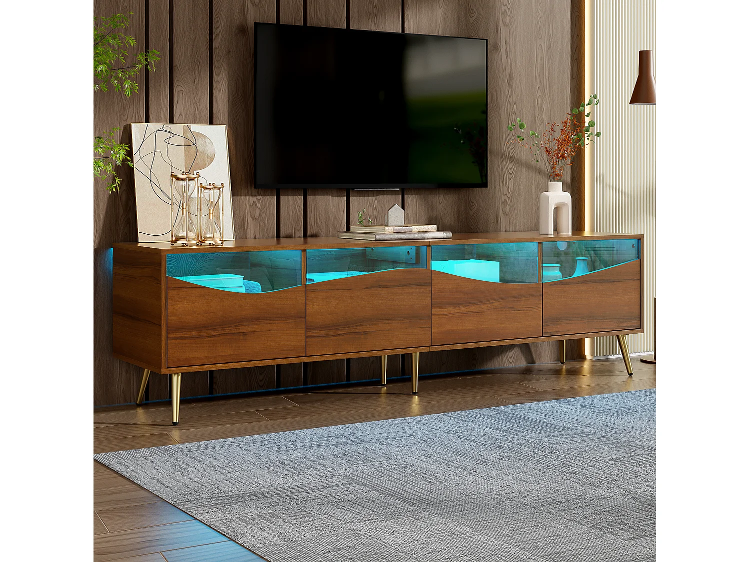 Mobile TV moderno 180 x 40 x 50 cm con LED - gambe in metallo dorato - frontale in vetro e 4 cassetti - MDF - naturale