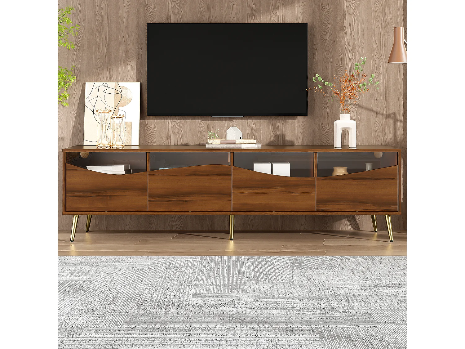 Mobile TV moderno 180 x 40 x 50 cm con LED - gambe in metallo dorato - frontale in vetro e 4 cassetti - MDF - naturale