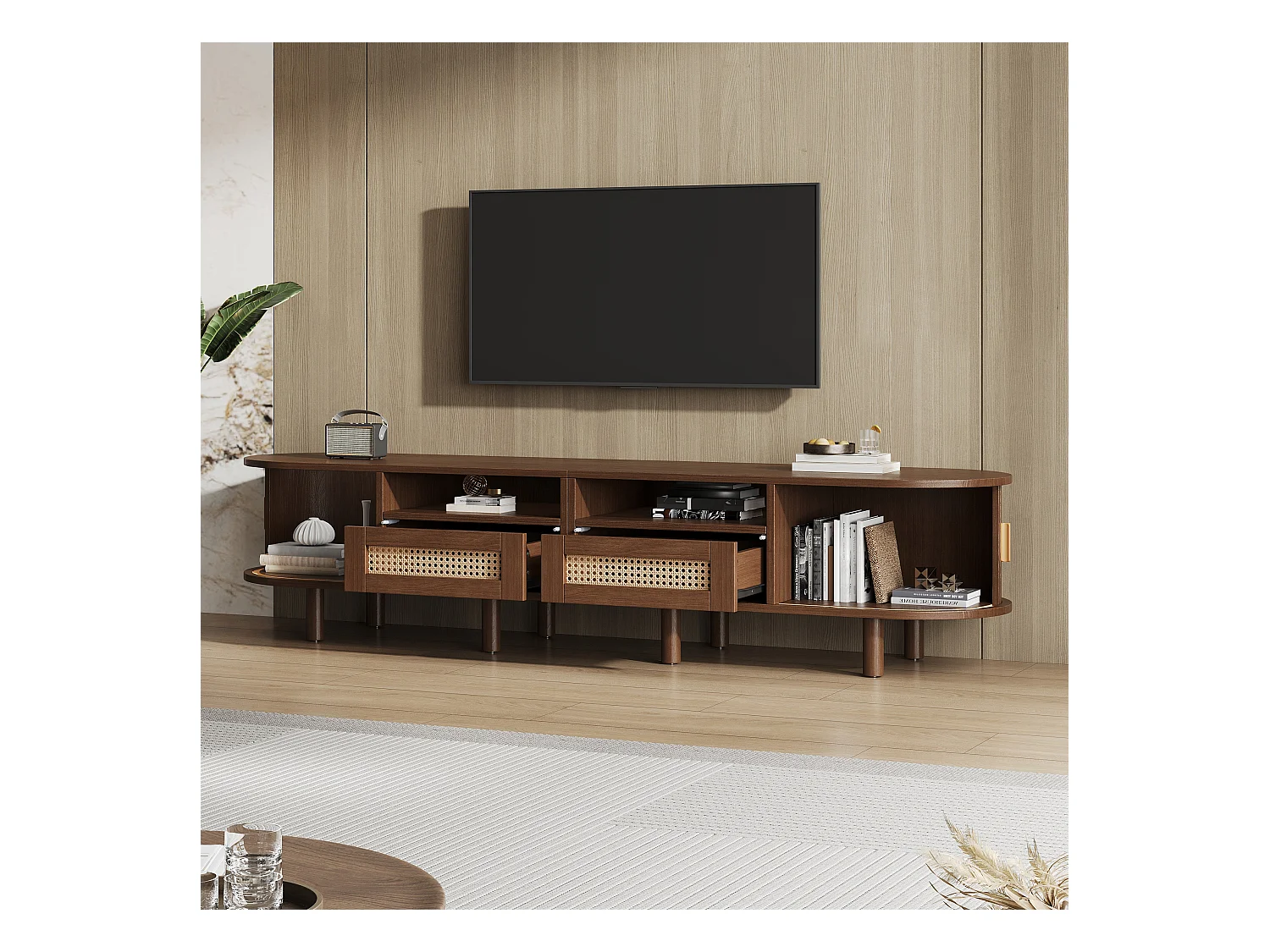 Móvel de TV oval com 2 gavetas de vime + 2 portas de correr - 170 x 40 x 40 cm - MDF + metal - natural escuro