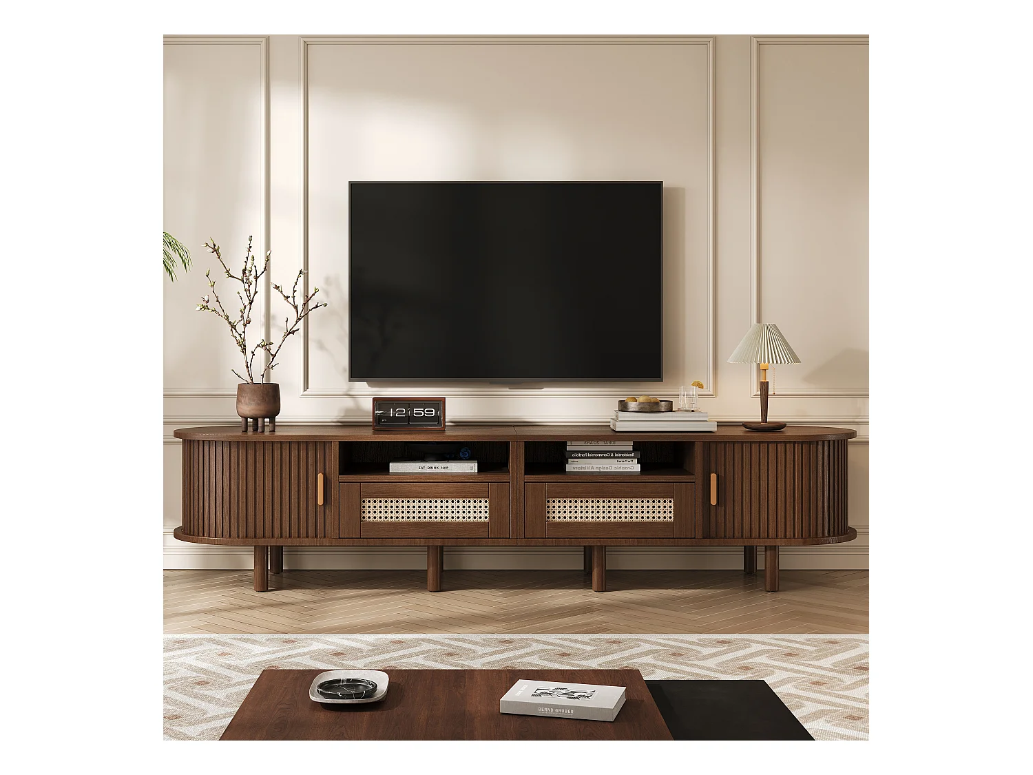 Móvel de TV oval com 2 gavetas de vime + 2 portas de correr - 170 x 40 x 40 cm - MDF + metal - natural escuro