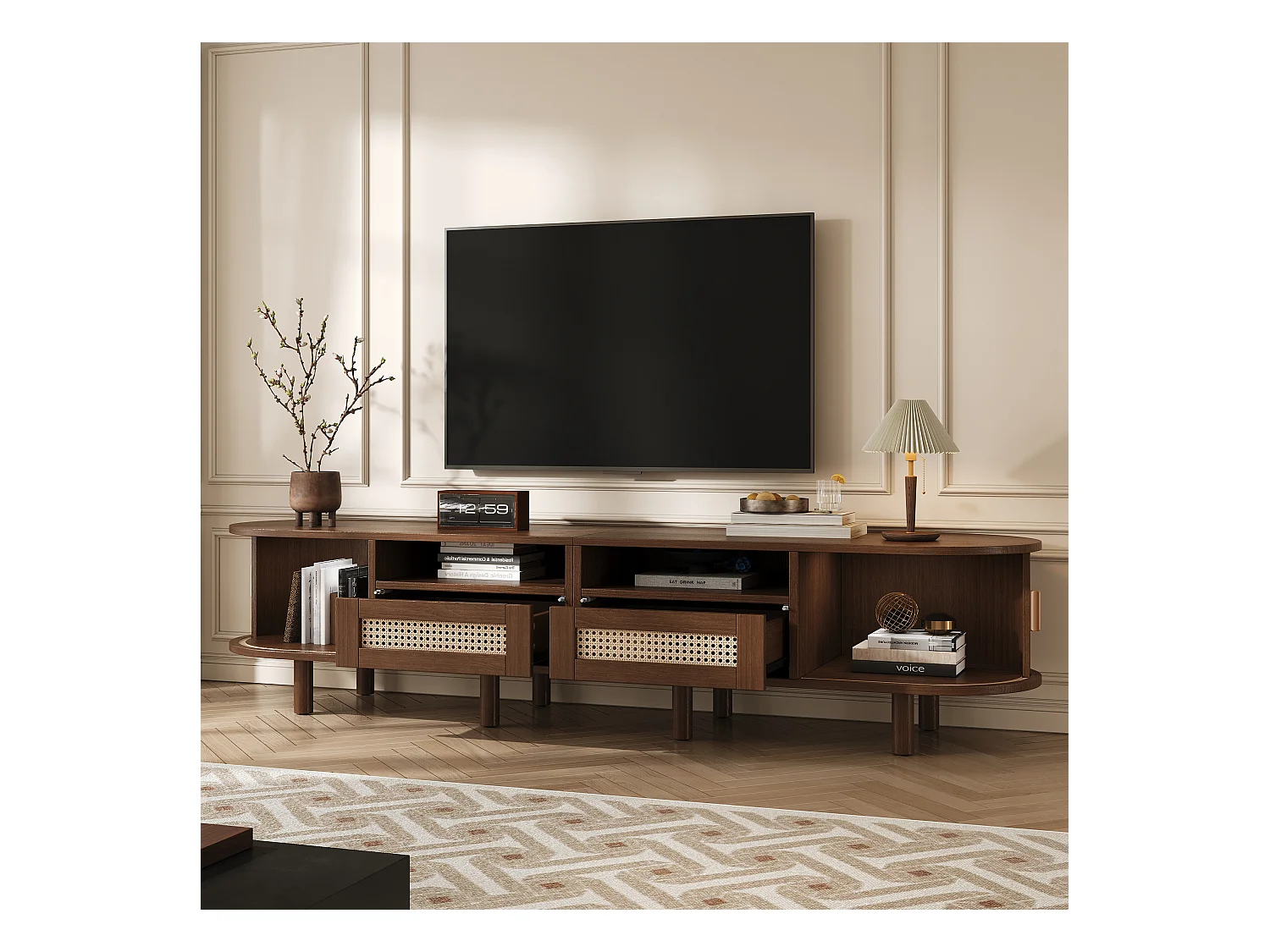 Móvel de TV oval com 2 gavetas de vime + 2 portas de correr - 170 x 40 x 40 cm - MDF + metal - natural escuro