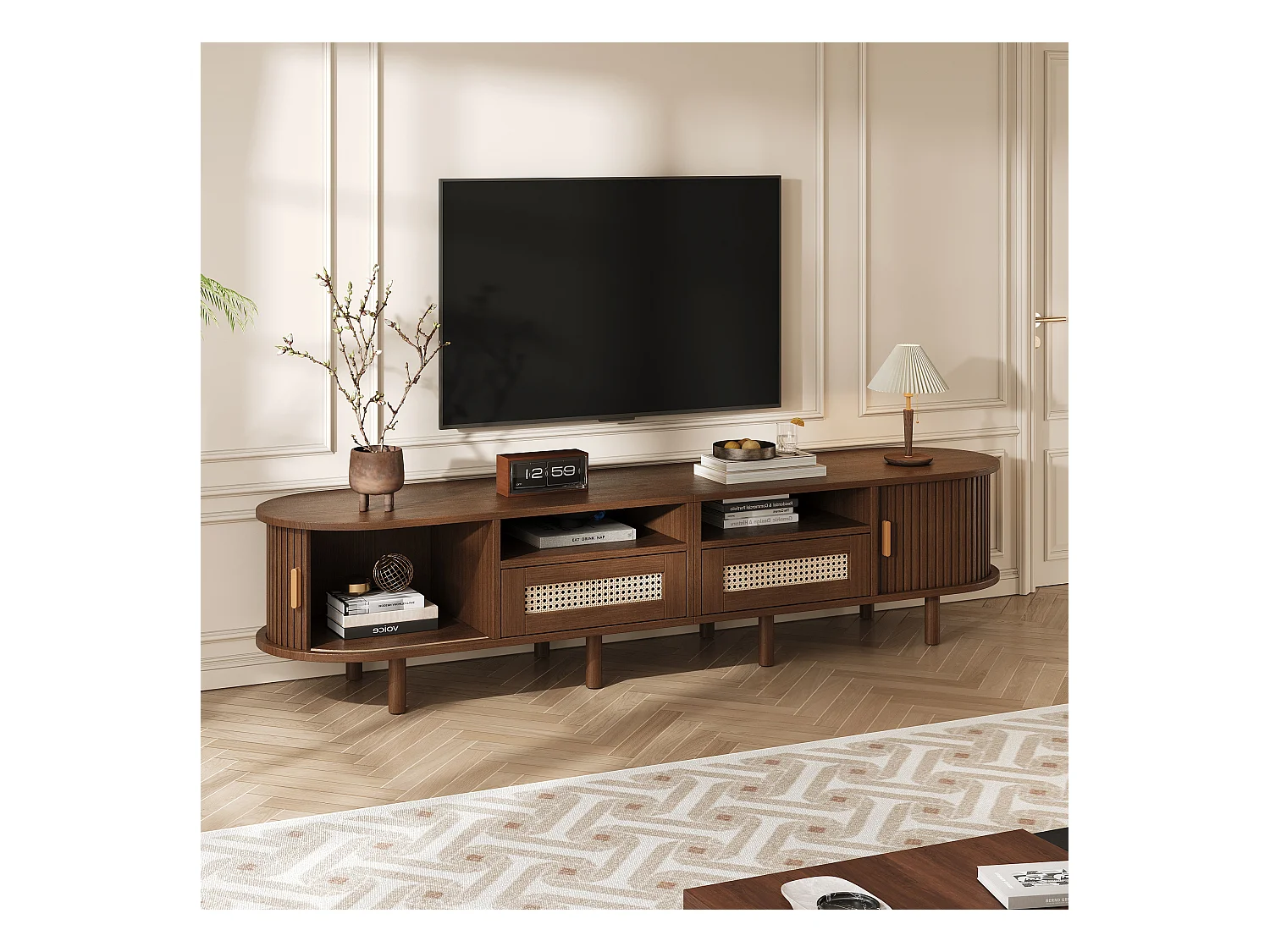 Móvel de TV oval com 2 gavetas de vime + 2 portas de correr - 170 x 40 x 40 cm - MDF + metal - natural escuro