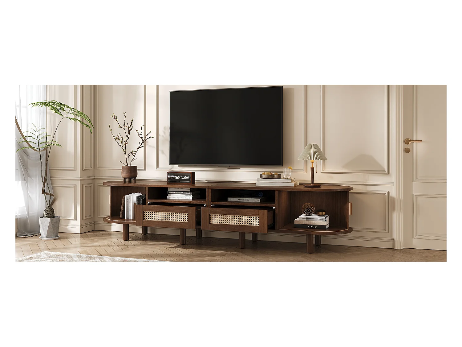 Móvel de TV oval com 2 gavetas de vime + 2 portas de correr - 170 x 40 x 40 cm - MDF + metal - natural escuro