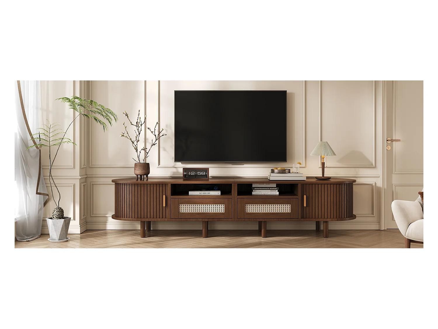 Móvel de TV oval com 2 gavetas de vime + 2 portas de correr - 170 x 40 x 40 cm - MDF + metal - natural escuro
