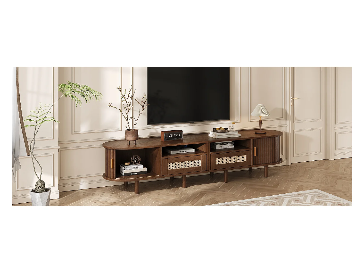 Móvel de TV oval com 2 gavetas de vime + 2 portas de correr - 170 x 40 x 40 cm - MDF + metal - natural escuro