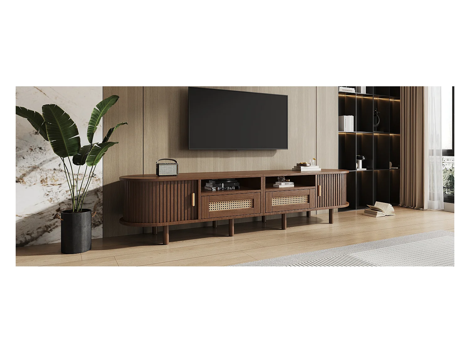 Móvel de TV oval com 2 gavetas de vime + 2 portas de correr - 170 x 40 x 40 cm - MDF + metal - natural escuro