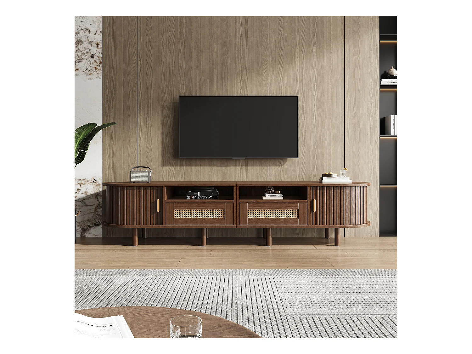 Meuble TV ovale avec 2 tiroirs en rotin + 2 portes coulissantes - 170 x 40 x 40 cm - MDF + métal - naturel foncé