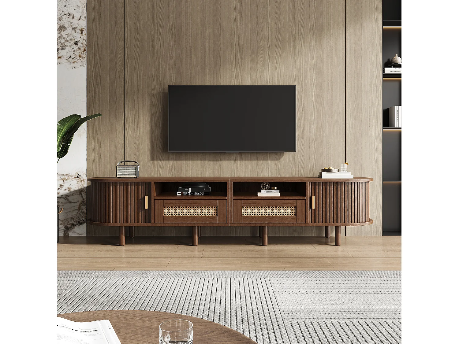 Ovale tv-kast met 2 rotan lades + 2 schuifdeuren - 170 x 40 x 40 cm - MDF + metaal - donker naturel