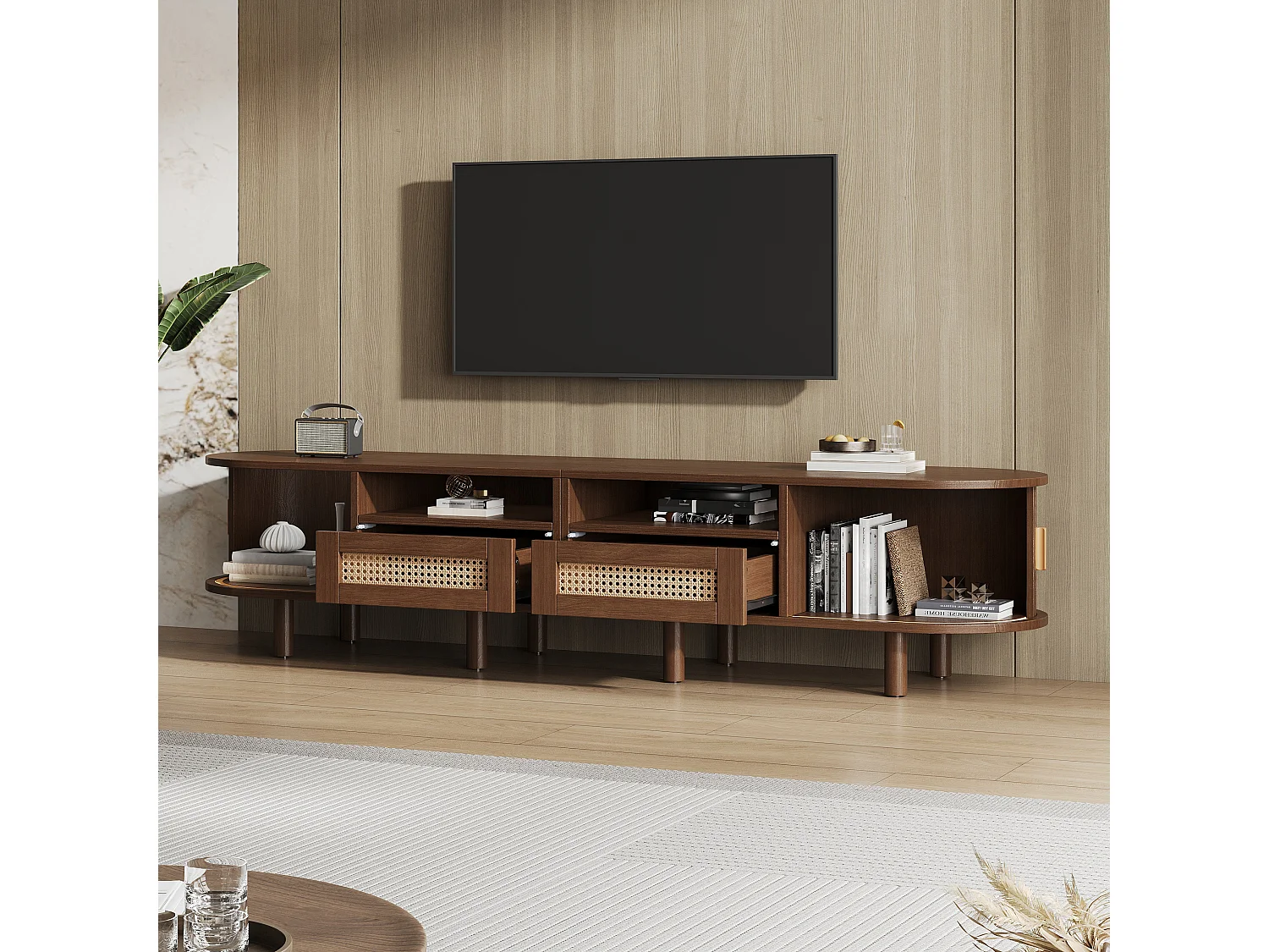 Ovale tv-kast met 2 rotan lades + 2 schuifdeuren - 170 x 40 x 40 cm - MDF + metaal - donker naturel