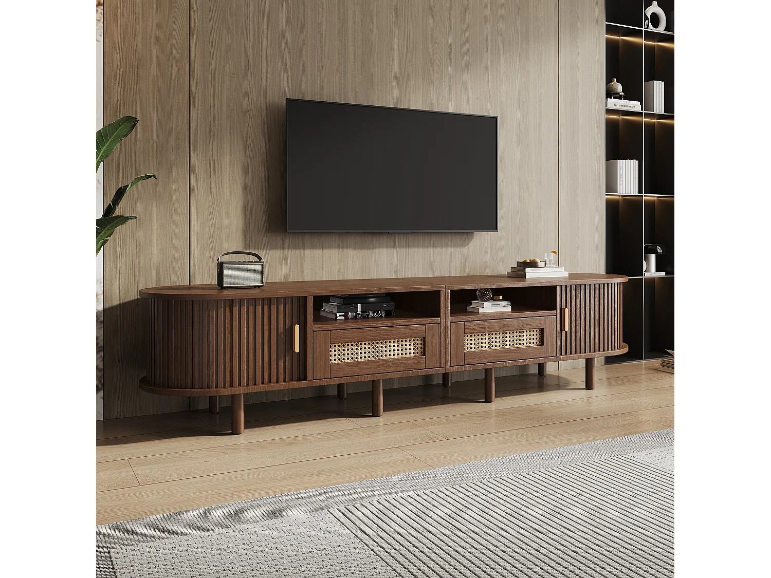 Ovale tv-kast met 2 rotan lades + 2 schuifdeuren - 170 x 40 x 40 cm - MDF + metaal - donker naturel