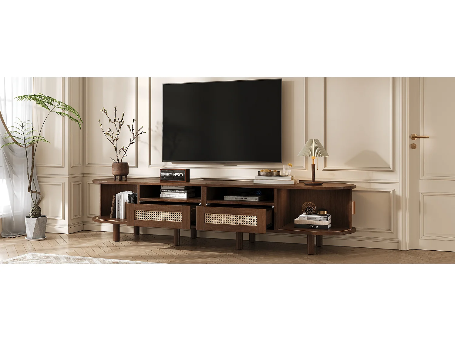 Ovale tv-kast met 2 rotan lades + 2 schuifdeuren - 170 x 40 x 40 cm - MDF + metaal - donker naturel