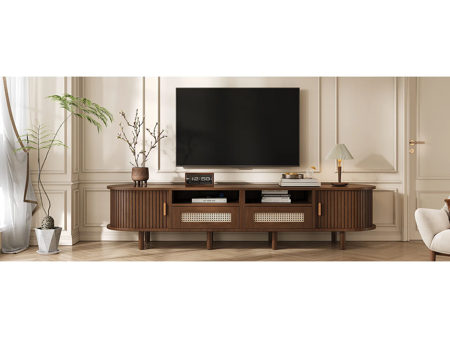 Ovale tv-kast met 2 rotan lades + 2 schuifdeuren - 170 x 40 x 40 cm - MDF + metaal - donker naturel