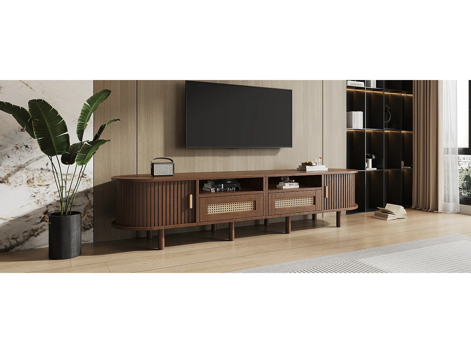 Ovale tv-kast met 2 rotan lades + 2 schuifdeuren - 170 x 40 x 40 cm - MDF + metaal - donker naturel