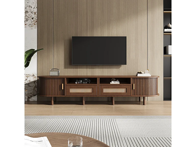 Meuble TV ovale avec 2 tiroirs en rotin + 2 portes coulissantes - 170 x 40 x 40 cm - MDF + métal - naturel foncé