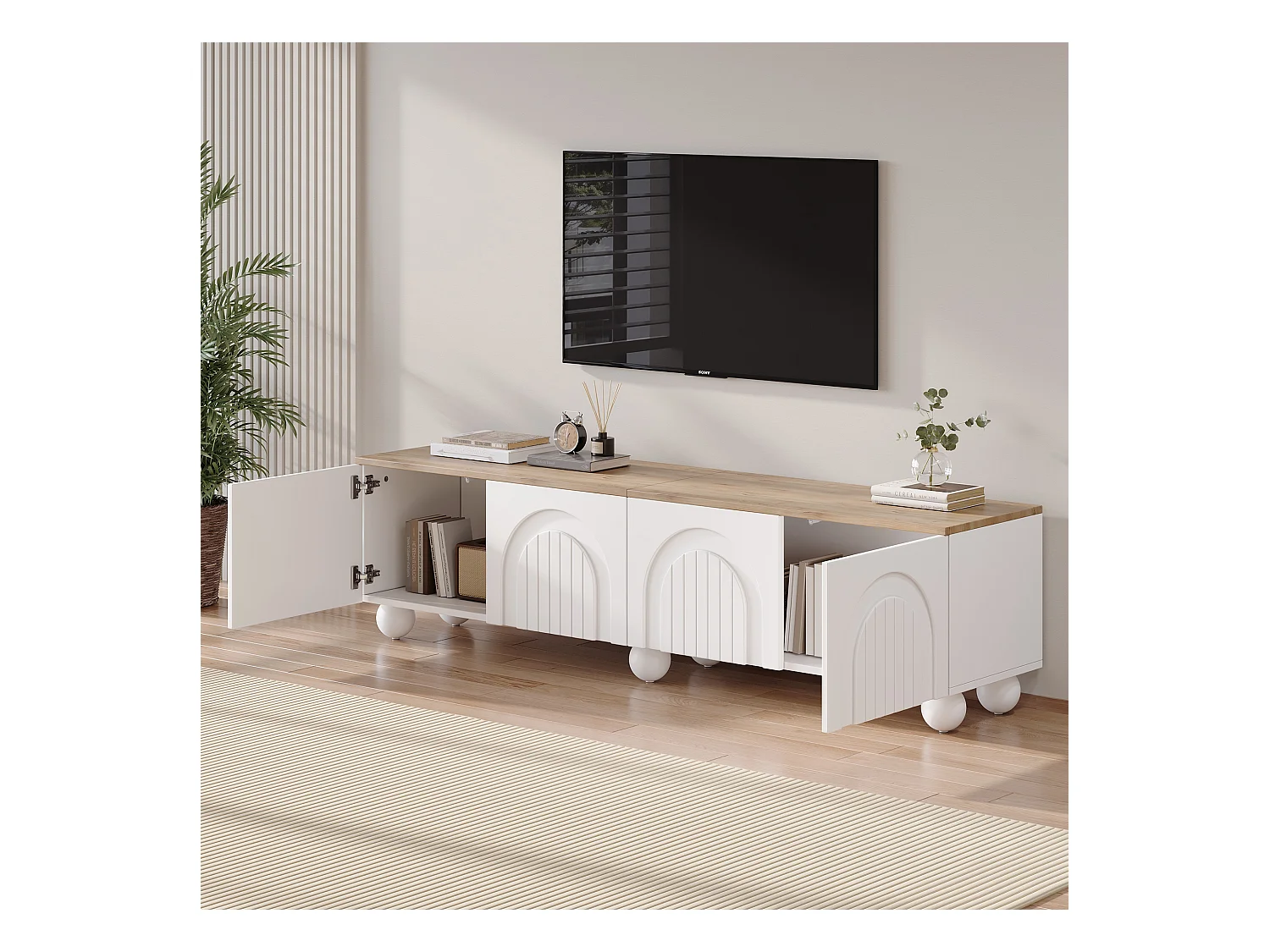 Móvel TV 180 x 40 x 45 cm com 4 portas - com 6 pés metálicos tipo bola - para TV 80 polegadas - MDF - branco