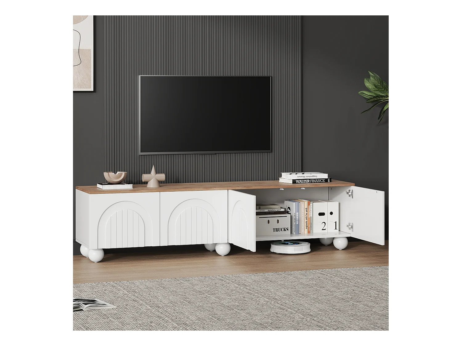 Móvel TV 180 x 40 x 45 cm com 4 portas - com 6 pés metálicos tipo bola - para TV 80 polegadas - MDF - branco