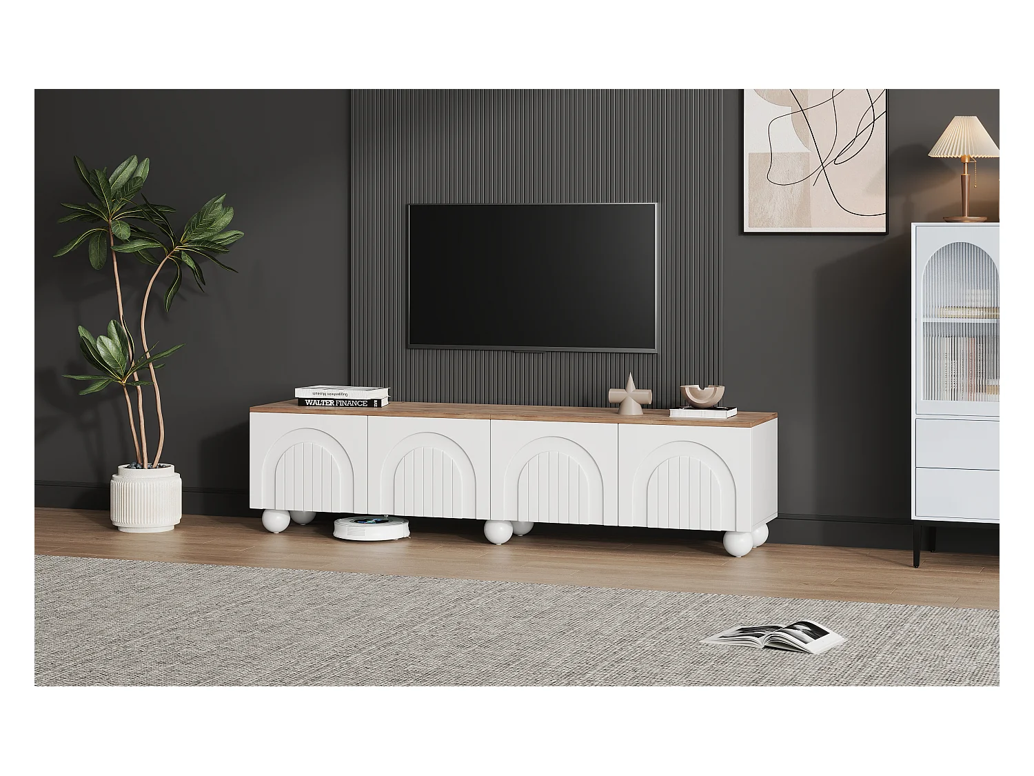 Móvel TV 180 x 40 x 45 cm com 4 portas - com 6 pés metálicos tipo bola - para TV 80 polegadas - MDF - branco
