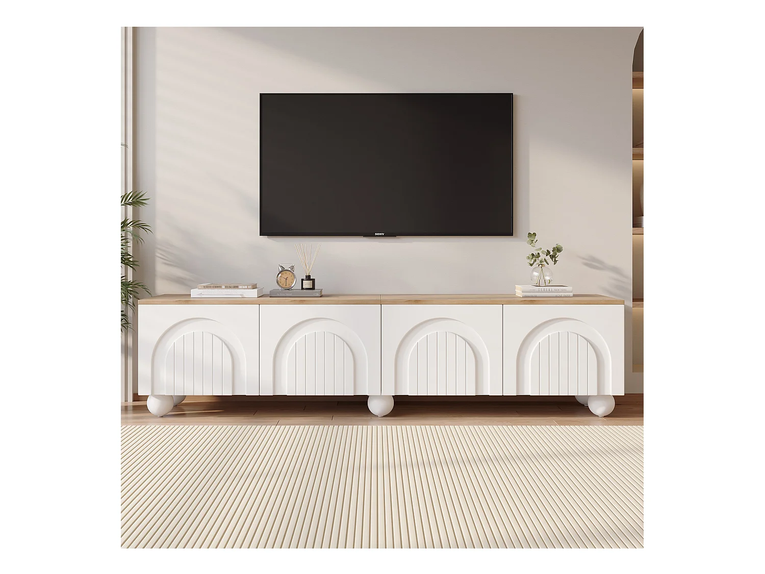 Meuble TV 180 x 40 x 45 cm avec 4 portes - avec 6 pieds en métalà boule - pour TV 80 pouces - MDF - blanc