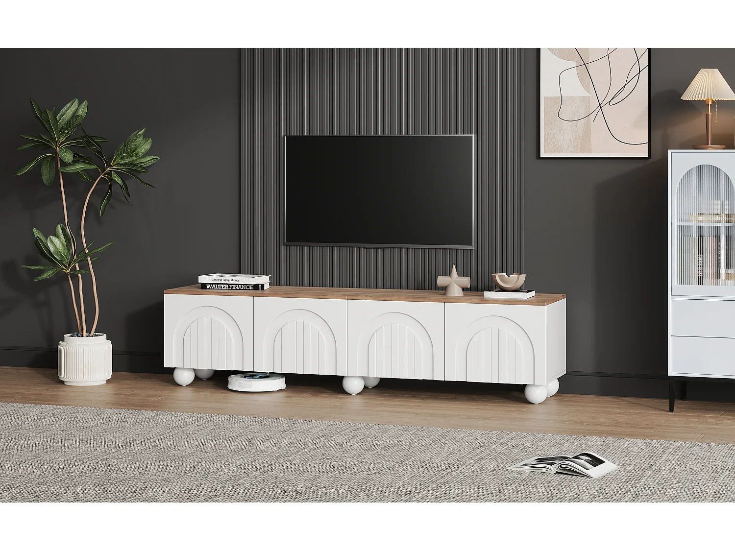 TV-Schrank 180 x 40 x 45 cm mit 4 Türen - mit 6 Metall-Kugelfüßen - für 80 Zoll Fernseher - MDF - weiß