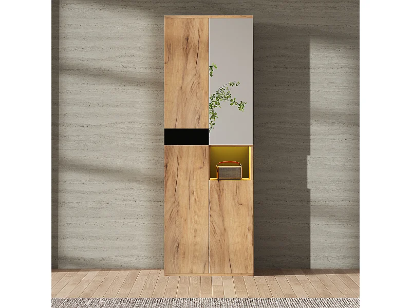 Armário alto com espelho + 4 portas + 1 armário aberto - 65 x 35 x 190 cm - aglomerado - preto e natural