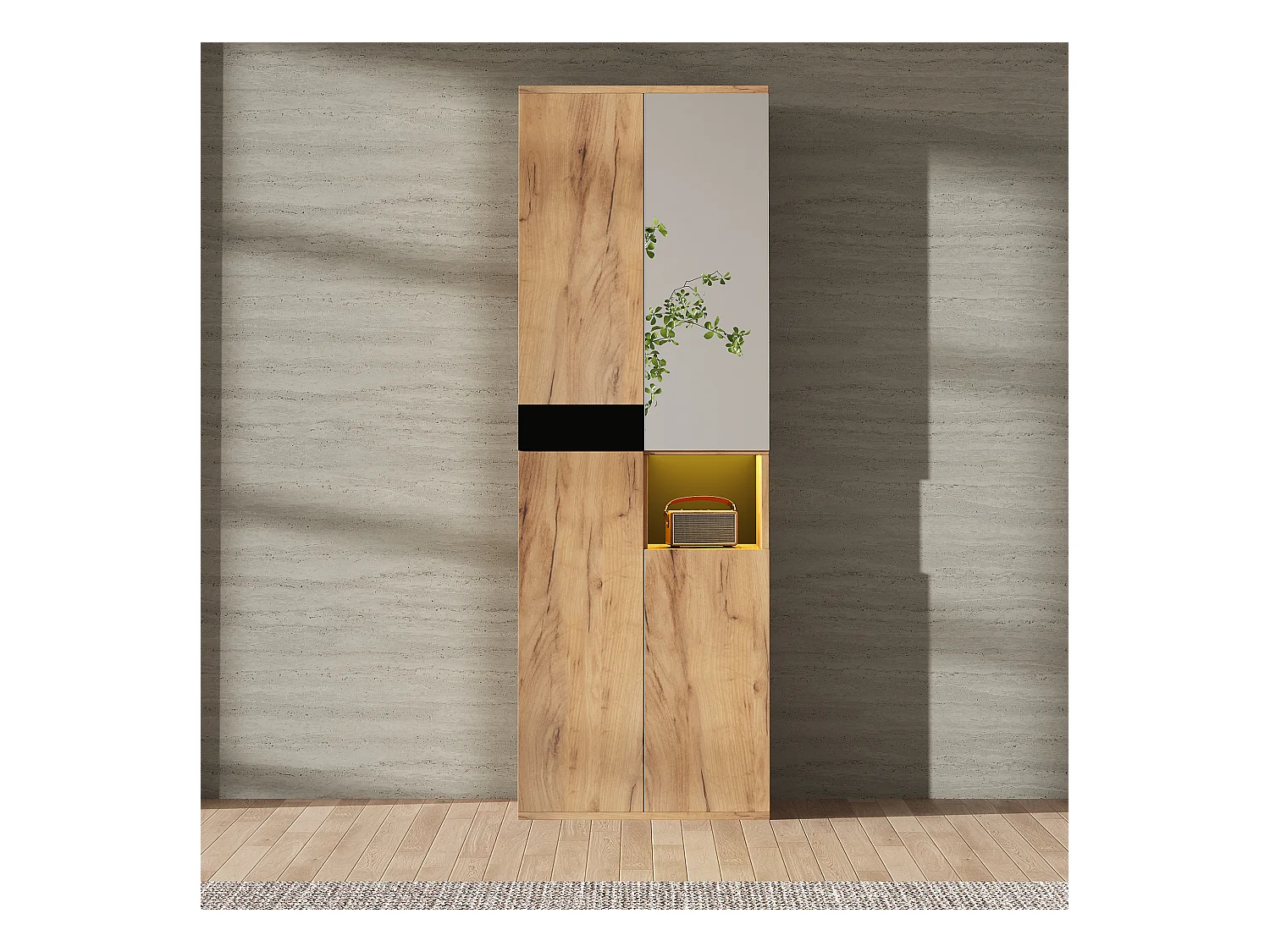 Armário alto com espelho + 4 portas + 1 armário aberto - 65 x 35 x 190 cm - aglomerado - preto e natural