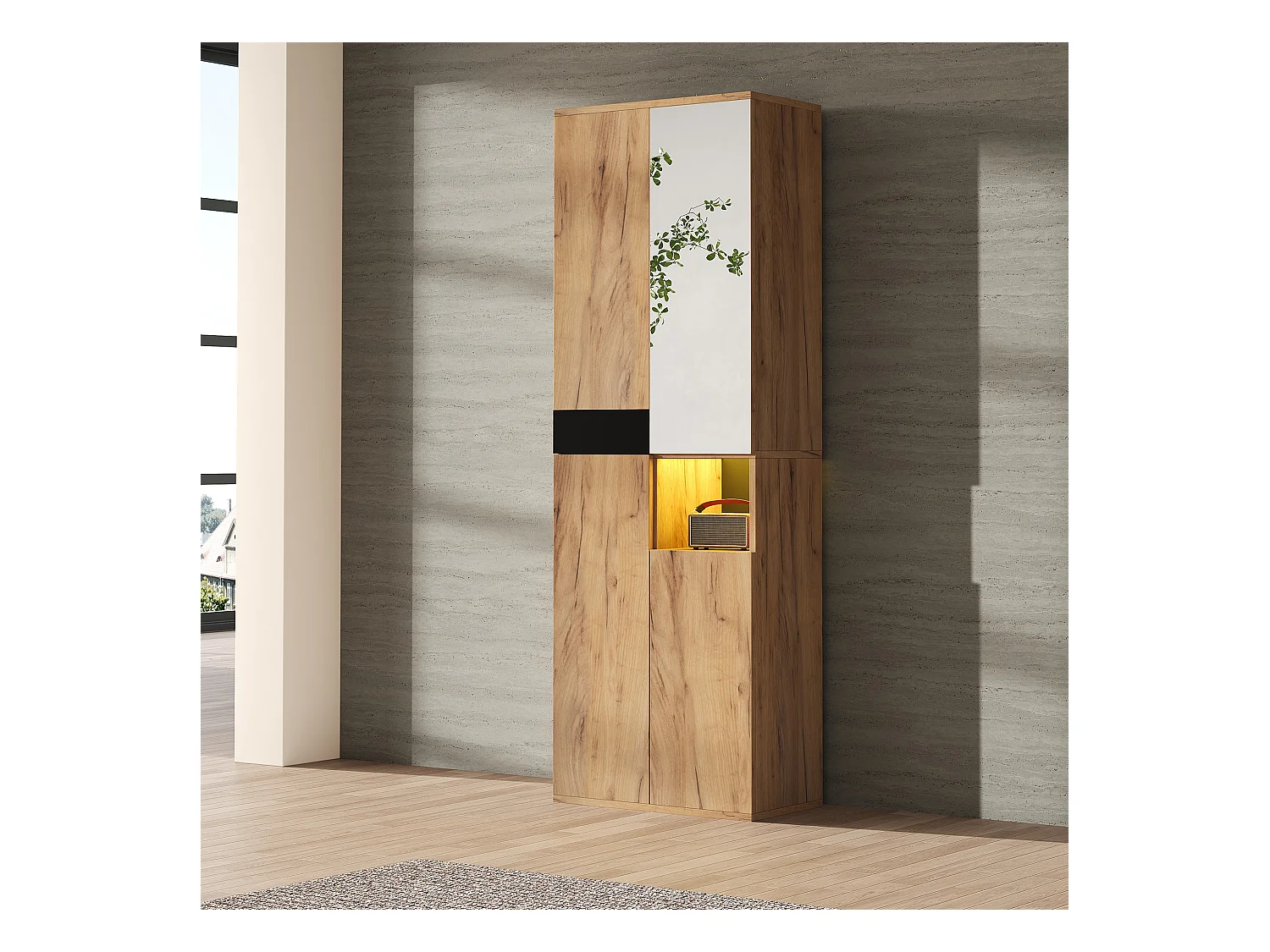 Armário alto com espelho + 4 portas + 1 armário aberto - 65 x 35 x 190 cm - aglomerado - preto e natural