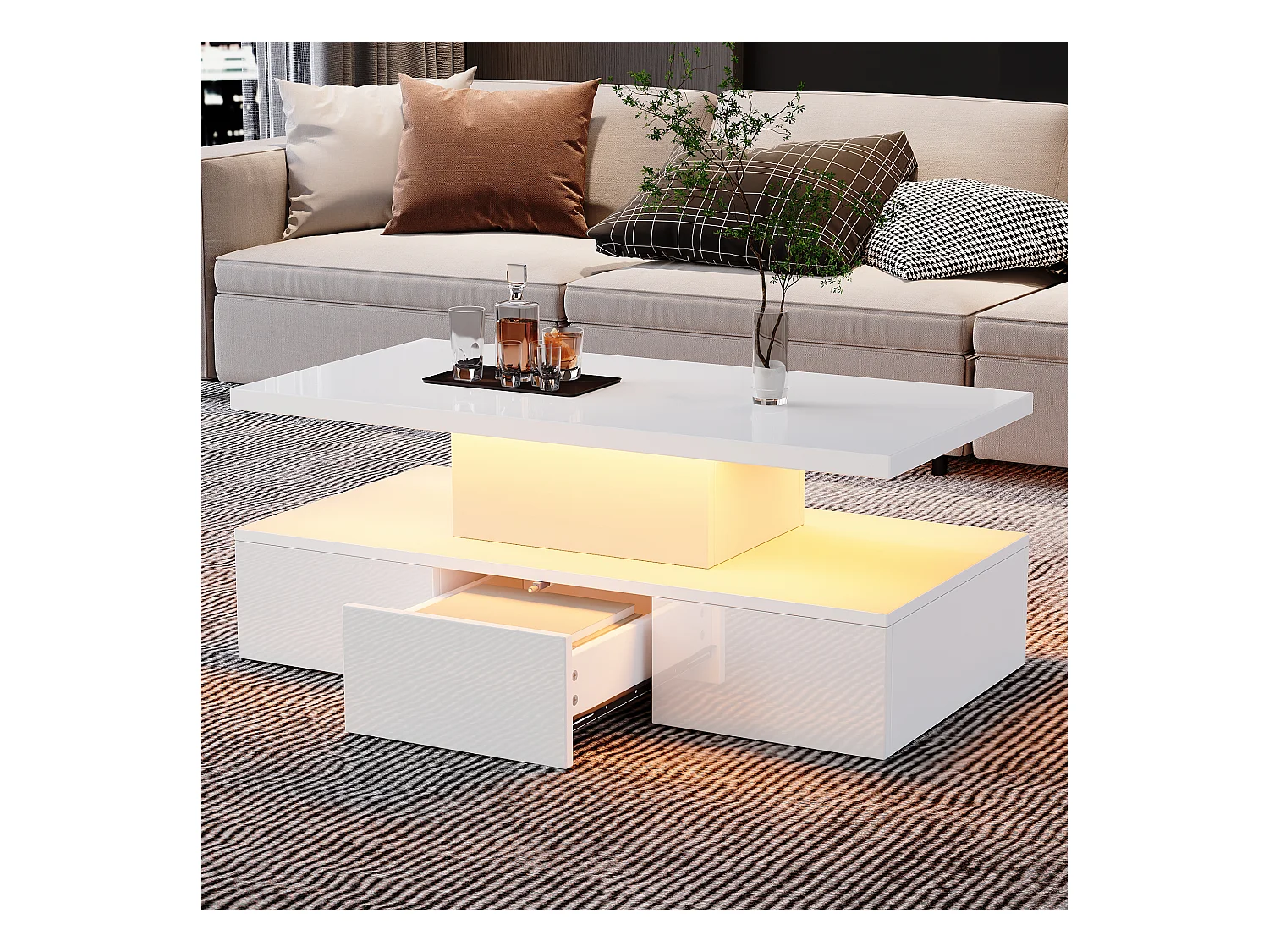 2-stufiger, glänzender Couchtisch mit LEDs + offenes Regal + 1 Schiebeschublade – 100 x 50 x 39 cm – Spanplatte – Weiß