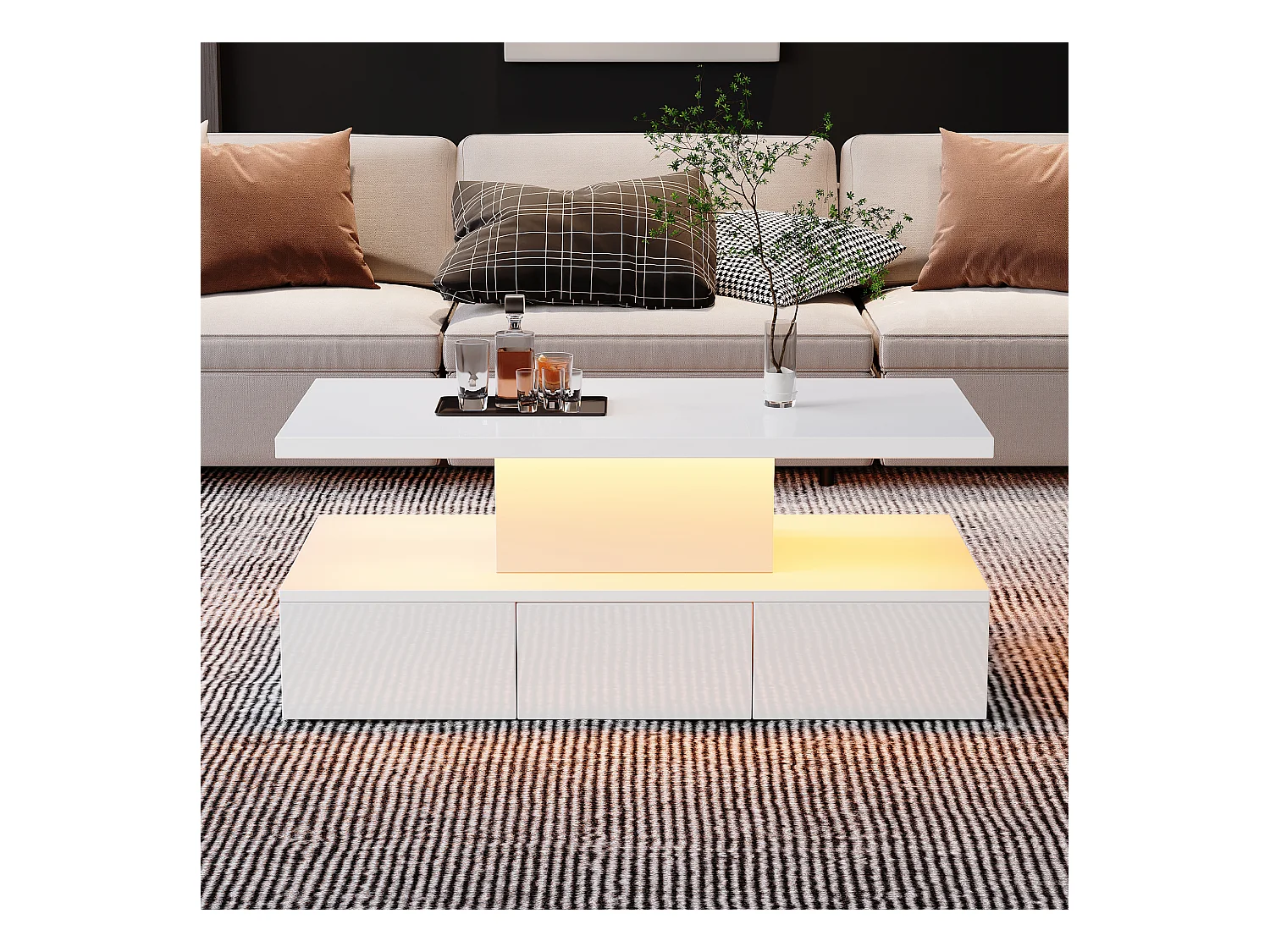 2-stufiger, glänzender Couchtisch mit LEDs + offenes Regal + 1 Schiebeschublade – 100 x 50 x 39 cm – Spanplatte – Weiß