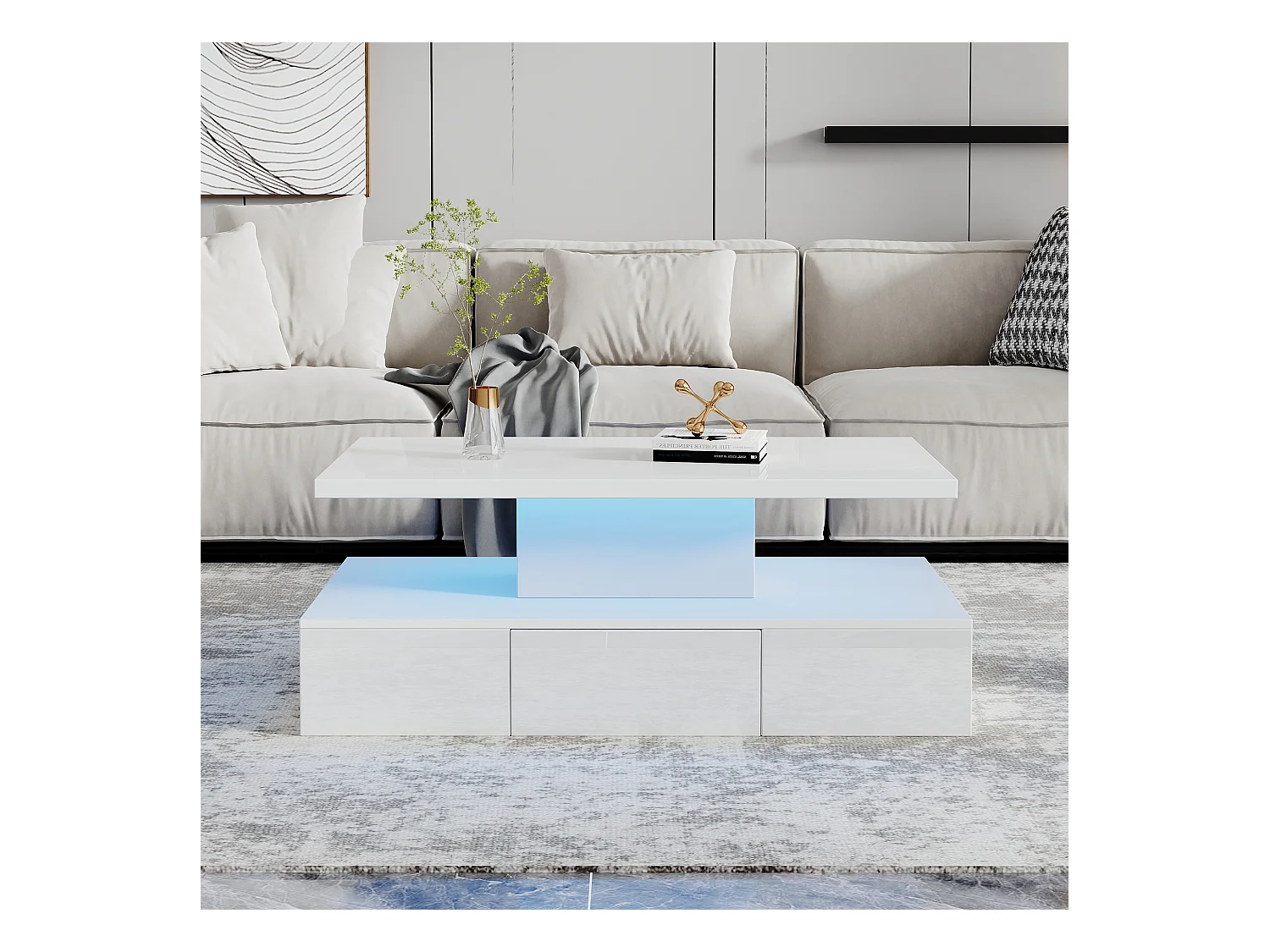 2-stufiger, glänzender Couchtisch mit LEDs + offenes Regal + 1 Schiebeschublade – 100 x 50 x 39 cm – Spanplatte – Weiß