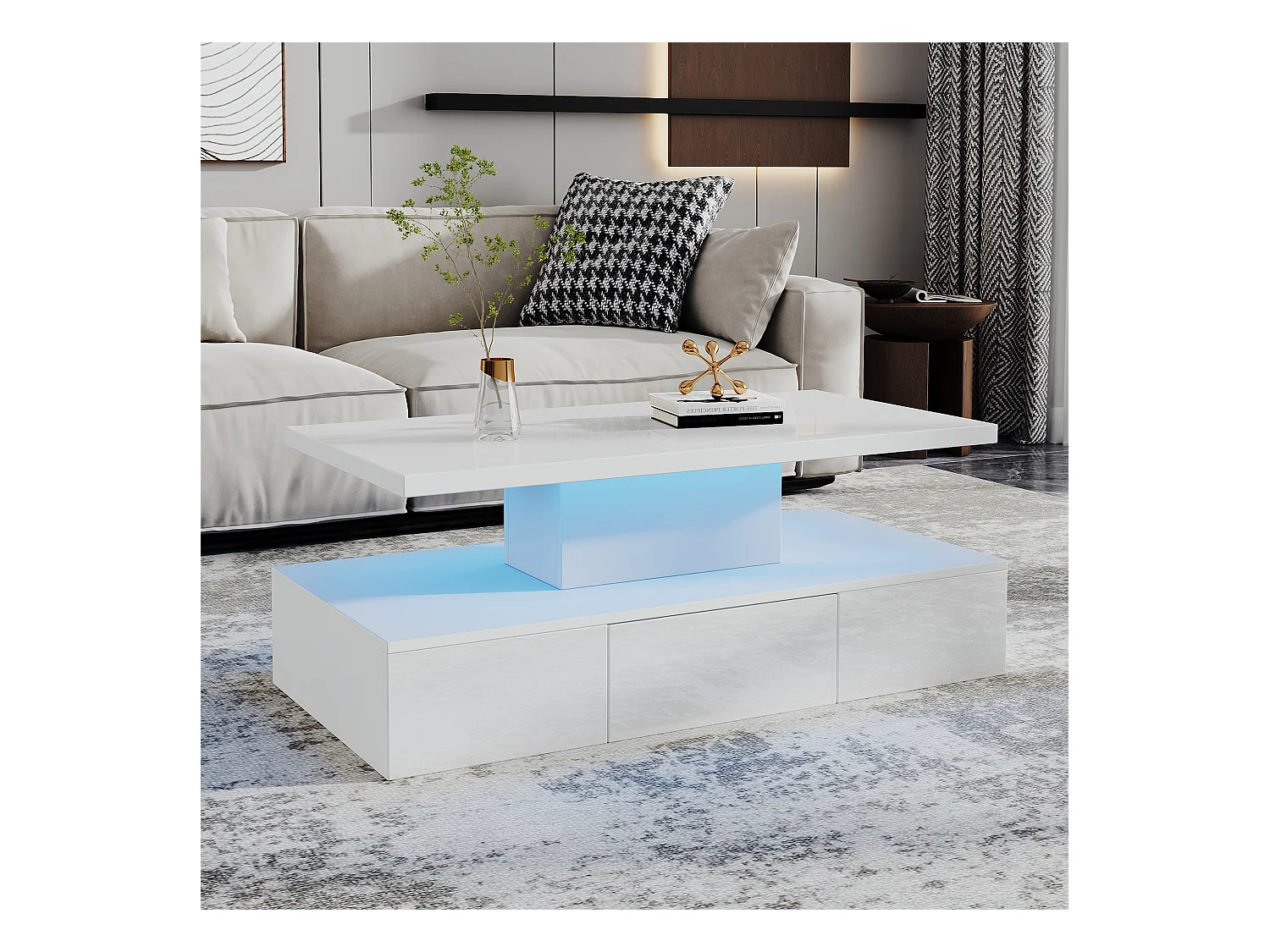 2-stufiger, glänzender Couchtisch mit LEDs + offenes Regal + 1 Schiebeschublade – 100 x 50 x 39 cm – Spanplatte – Weiß