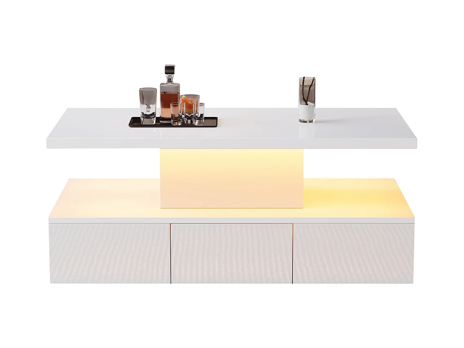 2-stufiger, glänzender Couchtisch mit LEDs + offenes Regal + 1 Schiebeschublade – 100 x 50 x 39 cm – Spanplatte – Weiß