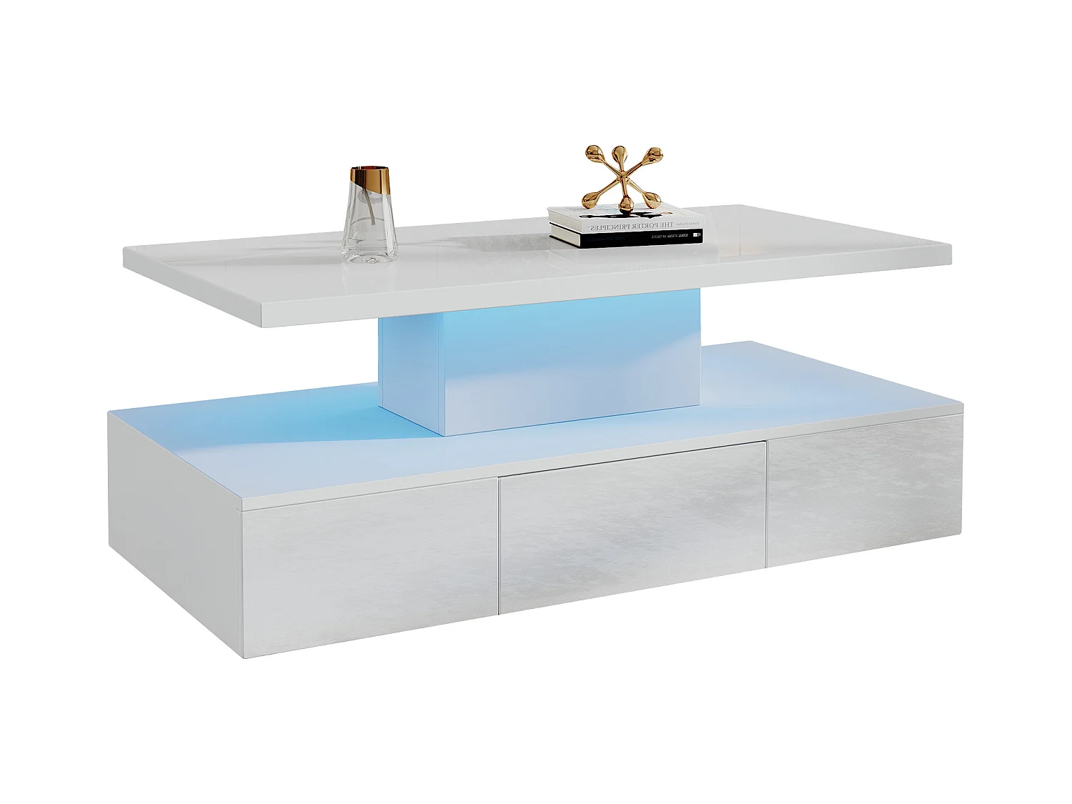 2-stufiger, glänzender Couchtisch mit LEDs + offenes Regal + 1 Schiebeschublade – 100 x 50 x 39 cm – Spanplatte – Weiß