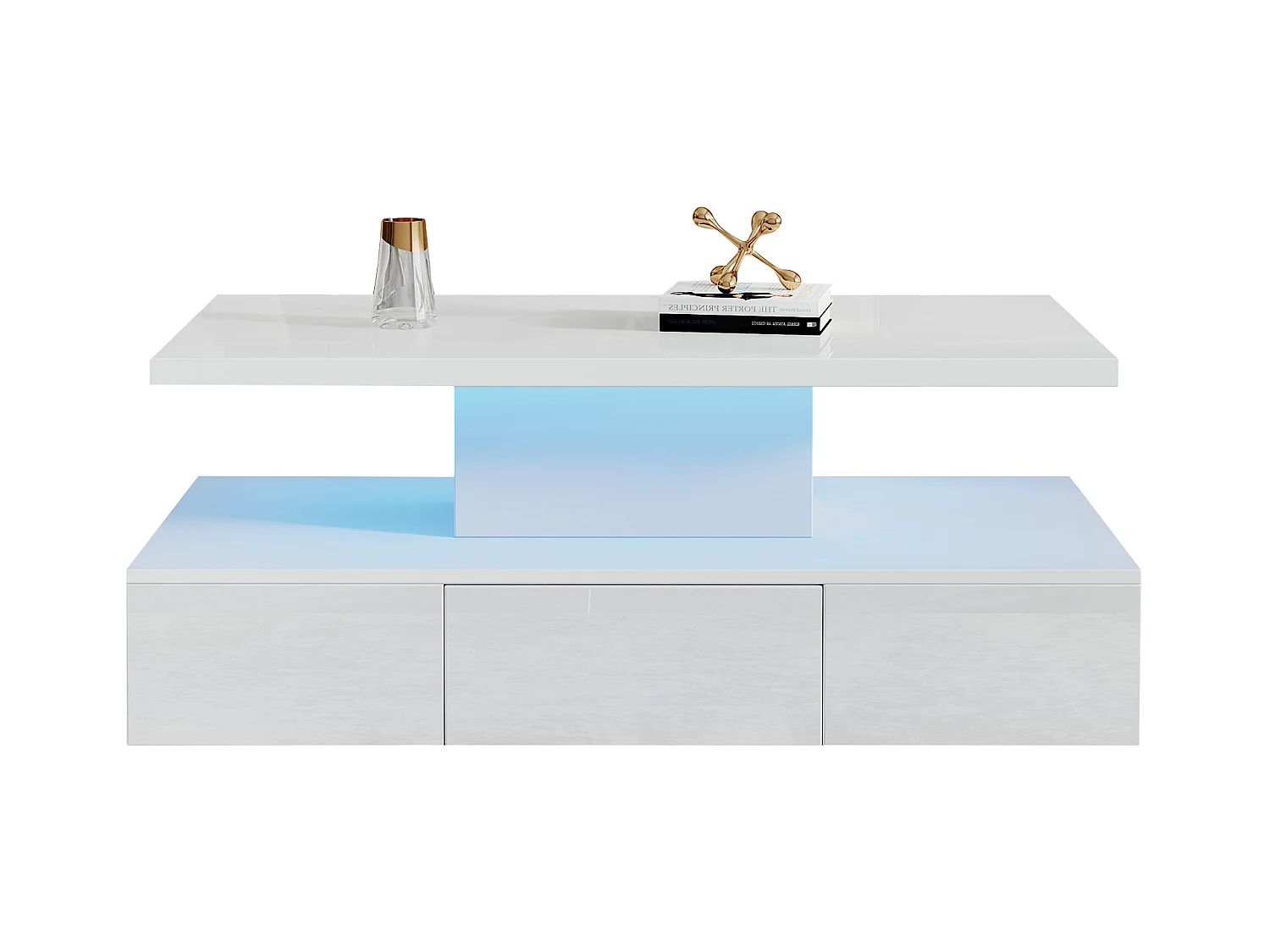 2-stufiger, glänzender Couchtisch mit LEDs + offenes Regal + 1 Schiebeschublade – 100 x 50 x 39 cm – Spanplatte – Weiß