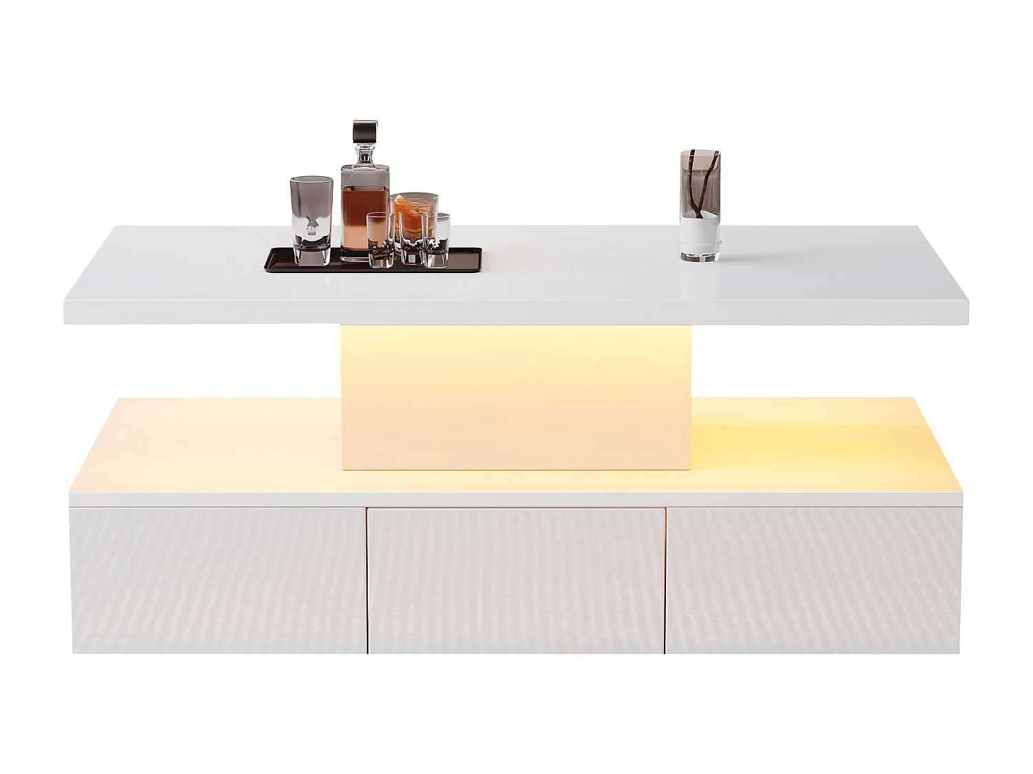 Dwupoziomowy stolik kawowy z połyskiem i diodami LED + otwarta półka + 1 wysuwana szuflada - 100 x 50 x 39 cm - płyta wiórowa - biały