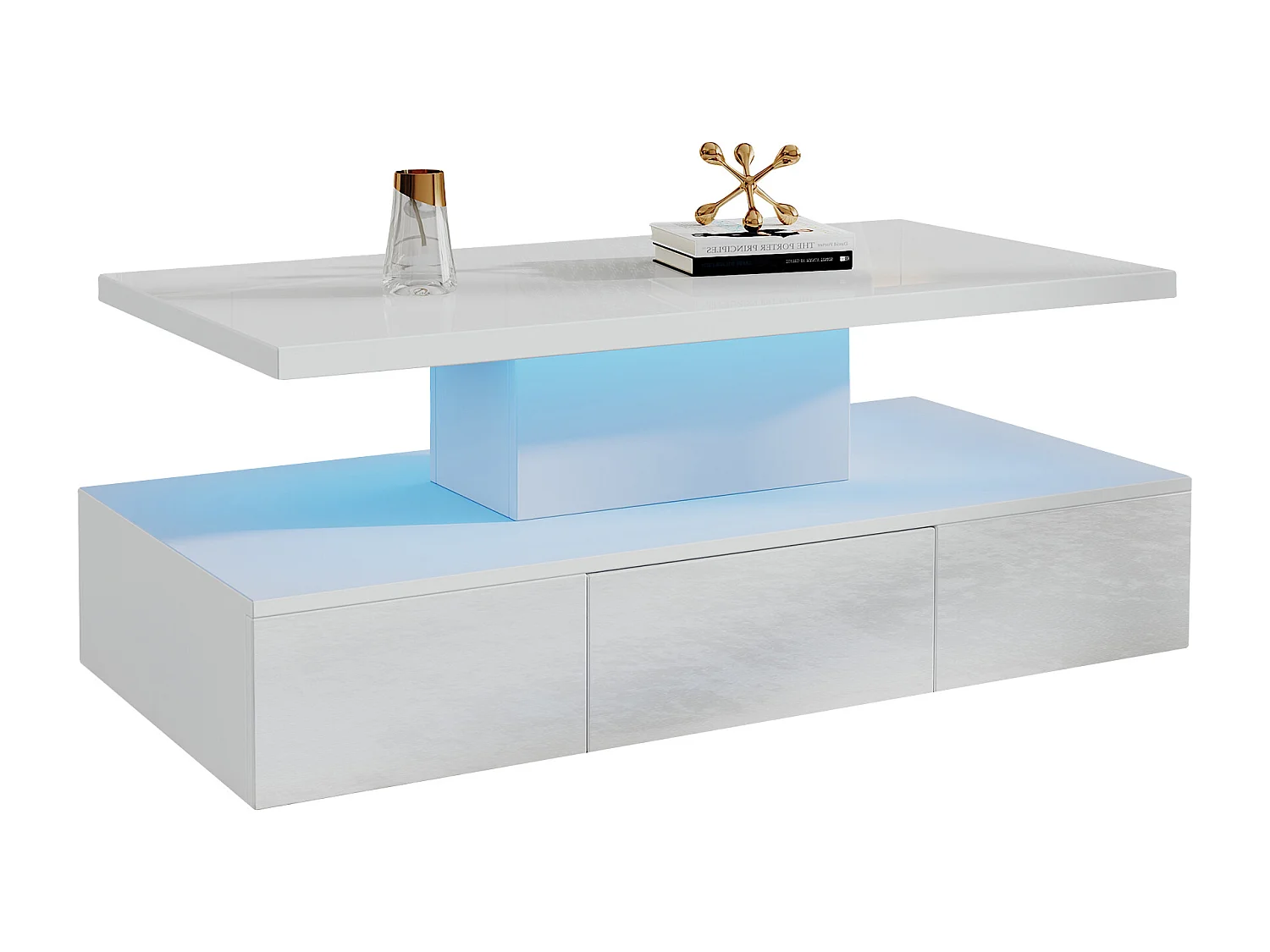Dwupoziomowy stolik kawowy z połyskiem i diodami LED + otwarta półka + 1 wysuwana szuflada - 100 x 50 x 39 cm - płyta wiórowa - biały